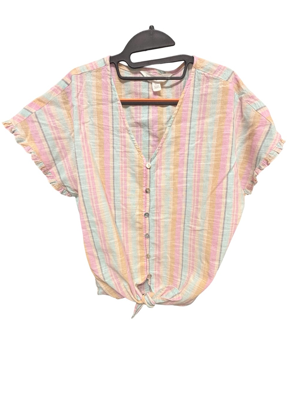 French Laundry Pastel Pink Rainbow Stripe Ruffle Sleeve Tie Front Blouse Size L - Picture 3 of 7